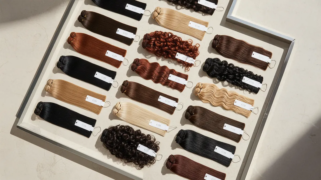 Présentation des extensions adhésives Carthair sur fond marbré avec outils dorés, illustrant le rapport qualité-prix d’une gamme capillaire haut de gamme.