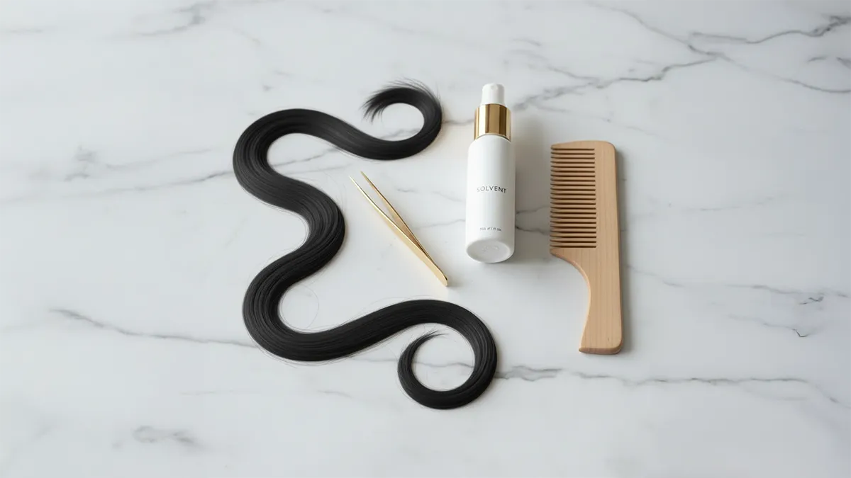 Retrait délicat des extensions adhésives Carthair à domicile, femme métisse en peignoir beige, lumière douce et atmosphère de soin haut de gamme.