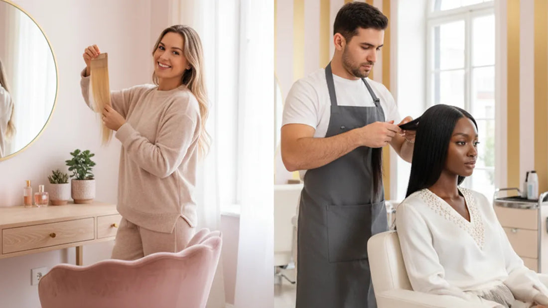 Femme posant ses extensions adhésives blondes chez elle dans une ambiance rose poudré, et coiffeur professionnel appliquant des extensions sur une femme  dans un salon de beauté lumineux — comparaison entre pose d’extensions à la maison et en salo
