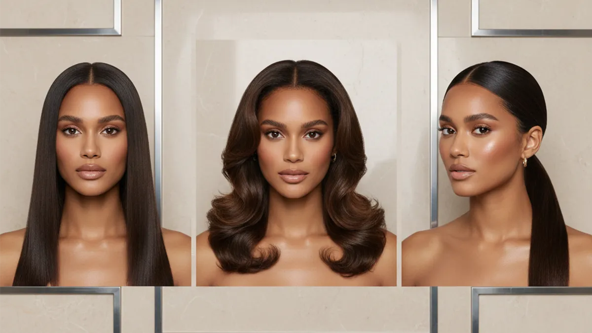 Trois coiffures élégantes réalisées avec extensions adhésives Carthair, même femme métisse portant cheveux lisses, ondulés et attachés bas sur fond beige marbré.