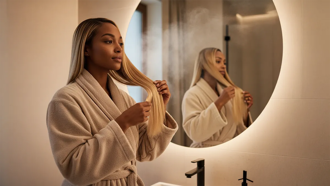 Entretien des extensions adhésives Carthair sur fond marbré clair avec brosse et soins capillaires, illustrant une routine de maintien luxueuse et professionnelle.