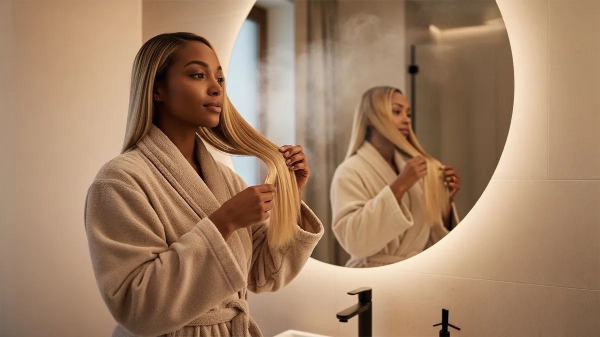 Entretien des extensions adhésives Carthair sur fond marbré clair avec brosse et soins capillaires, illustrant une routine de maintien luxueuse et professionnelle.