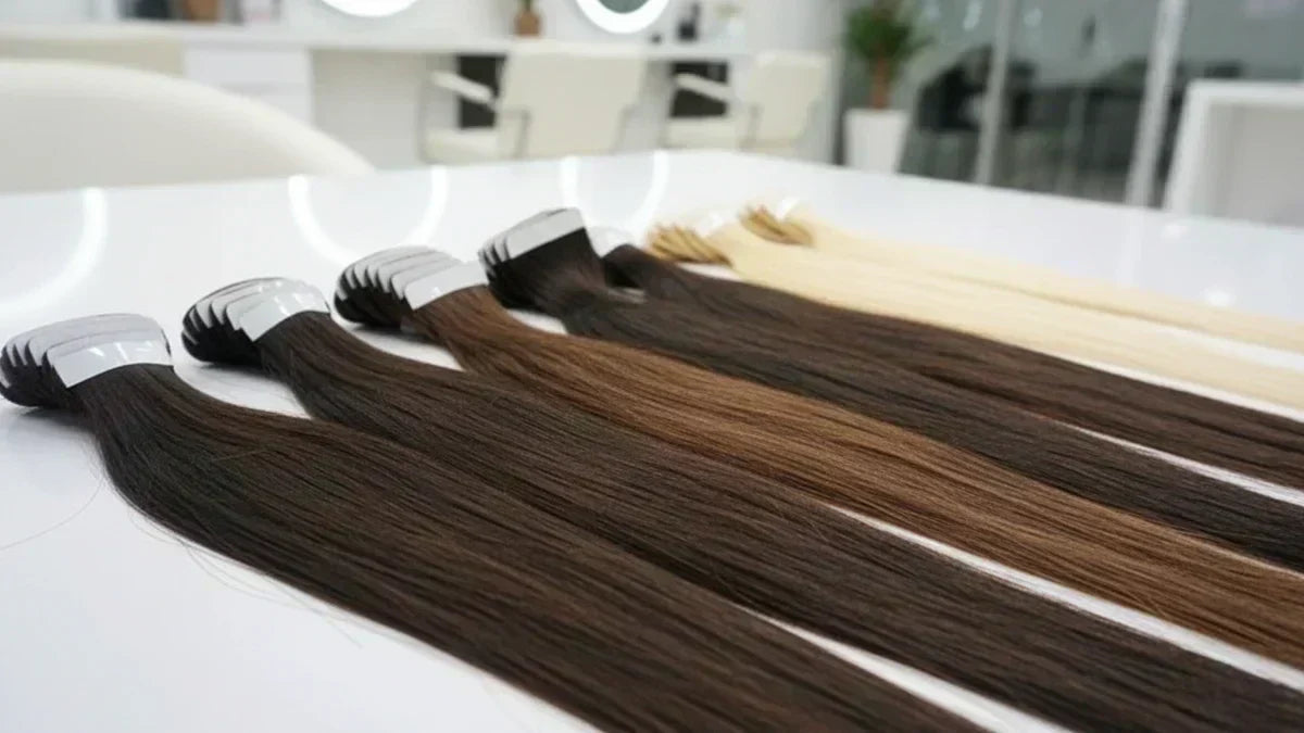 Différentes teintes d’extensions adhésives alignées sur une table de salon, cheveux 100 % naturels lisses et brillants.