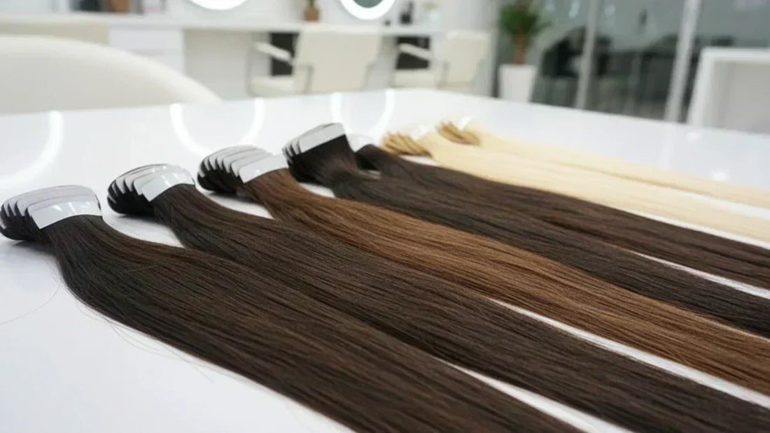 Différentes teintes d’extensions adhésives alignées sur une table de salon, cheveux 100 % naturels lisses et brillants.