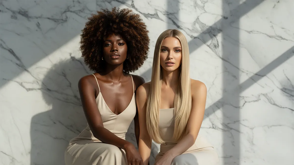 Deux femmes, l’une afro et l’autre européenne, présentant les extensions adhésives Carthair adaptées à toutes les textures de cheveux, sur fond marbré élégant.