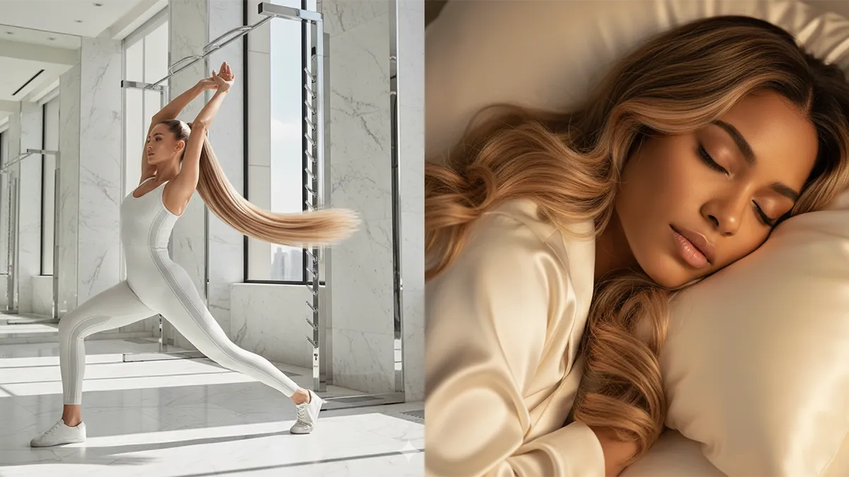 Comparatif visuel Carthair : femme en séance de sport et femme dormant paisiblement avec ses extensions adhésives, démontrant confort et résistance.