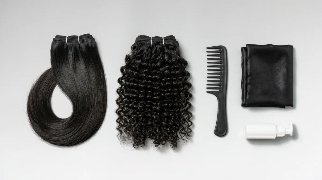 Un paquet de tissage lisse et un paquet de tissage bouclé noirs, teinte 1B, avec un peigne à dents larges, un satin noir plié et un flacon pompe sans étiquette