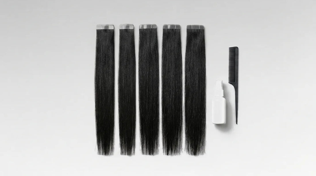 Cinq extensions adhésives lisses noires alignées, leur bande adhésive transparente en haut, avec un flacon vaporisateur sans étiquette et un peigne à queue