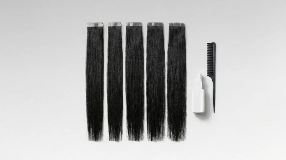 Cinq extensions adhésives lisses noires alignées, leur bande adhésive transparente en haut, avec un flacon vaporisateur sans étiquette et un peigne à queue
