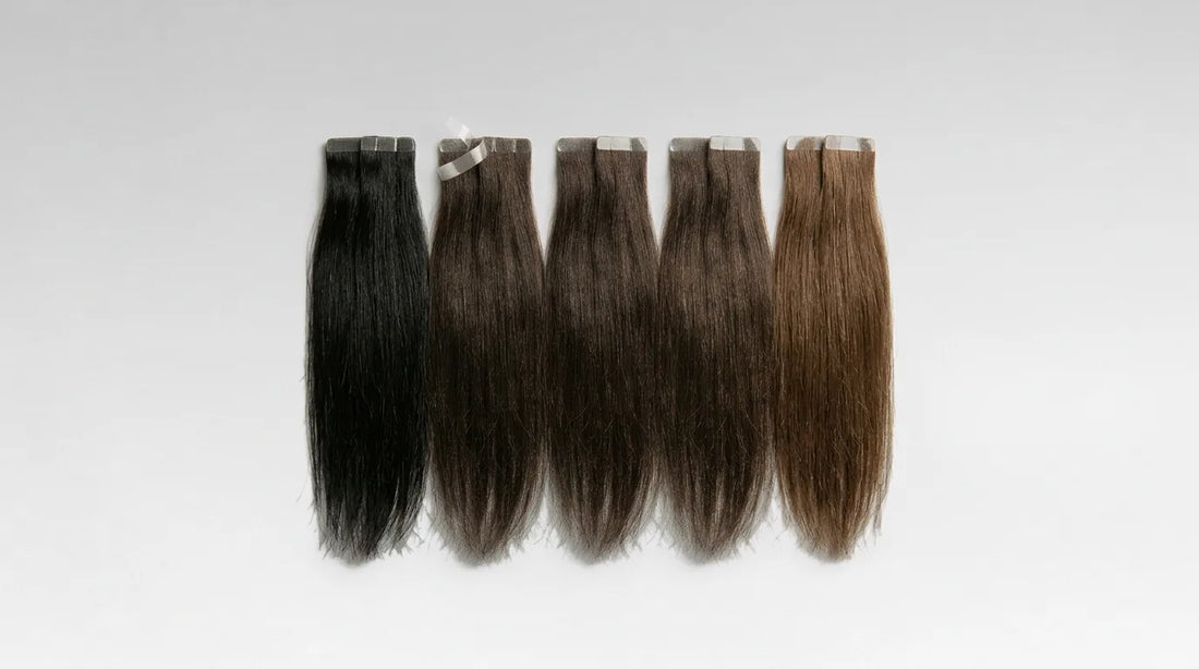 Cinq mèches d'extensions adhésives lisses alignées, du noir naturel au châtain