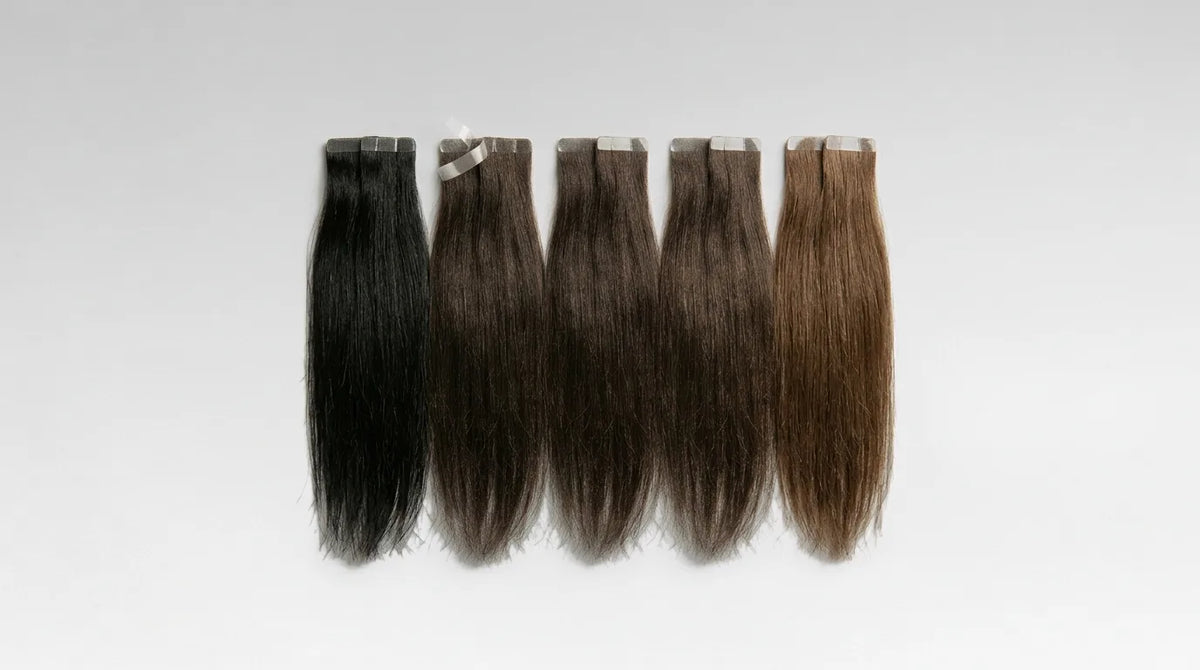 Cinq mèches d'extensions adhésives lisses alignées, du noir naturel au châtain