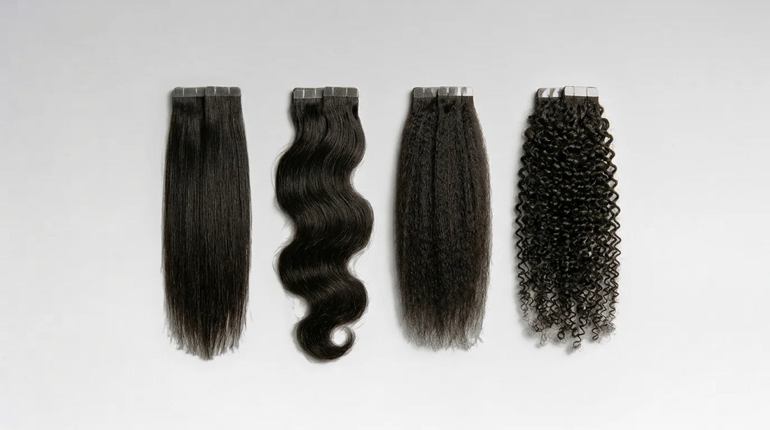 Quatre mèches d'extensions adhésives noires : lisse, body wave, kinky straight et afro kinky curly