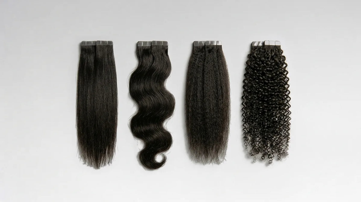 Quatre mèches d'extensions adhésives noires : lisse, body wave, kinky straight et afro kinky curly