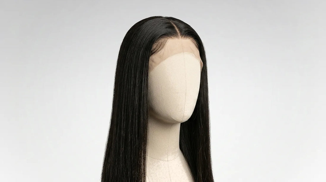 Perruque lace front noire et lisse sur une tête de mannequin, dentelle frontale visible