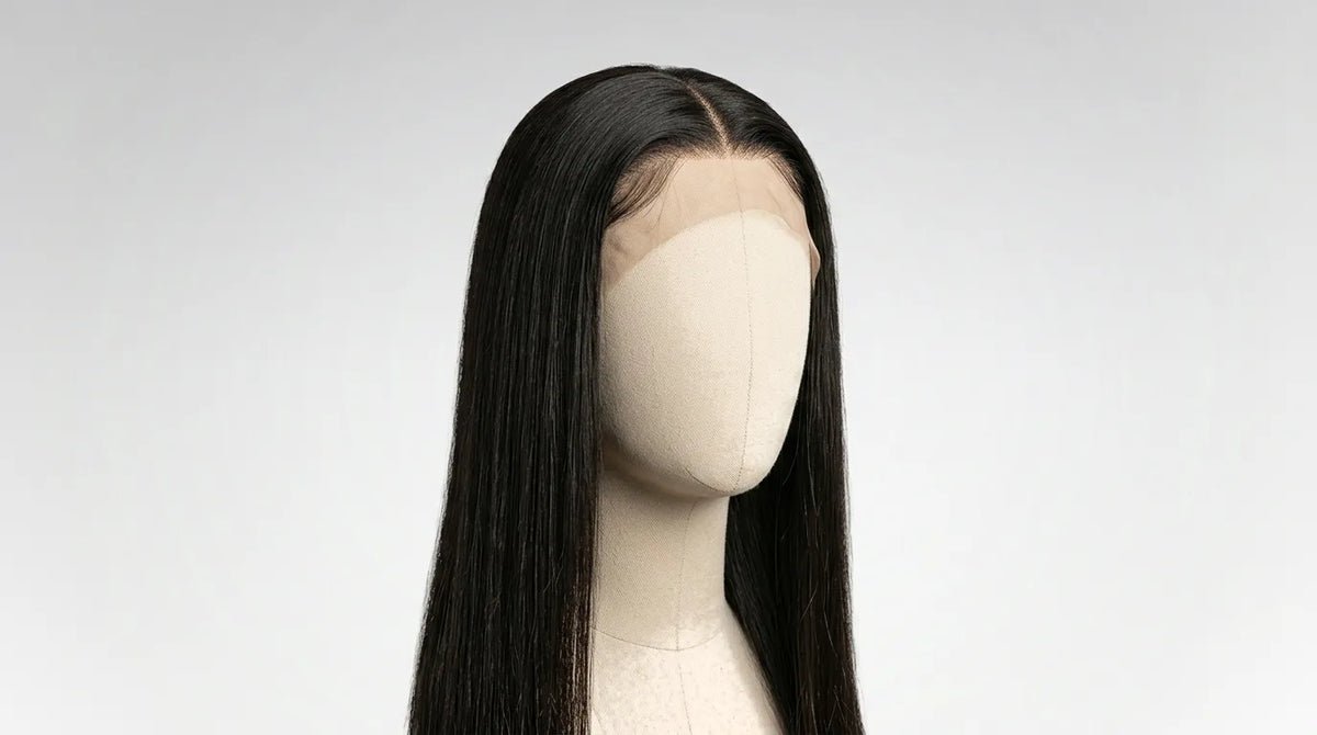 Perruque lace front noire et lisse sur une tête de mannequin, dentelle frontale visible