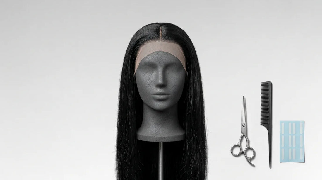 Perruque lace front noire et lisse sur une tête de mannequin grise, dentelle frontale non découpée visible sur le front, à côté de ciseaux, d'un peigne à queue et d'une planche de bandes adhésives pour perruque