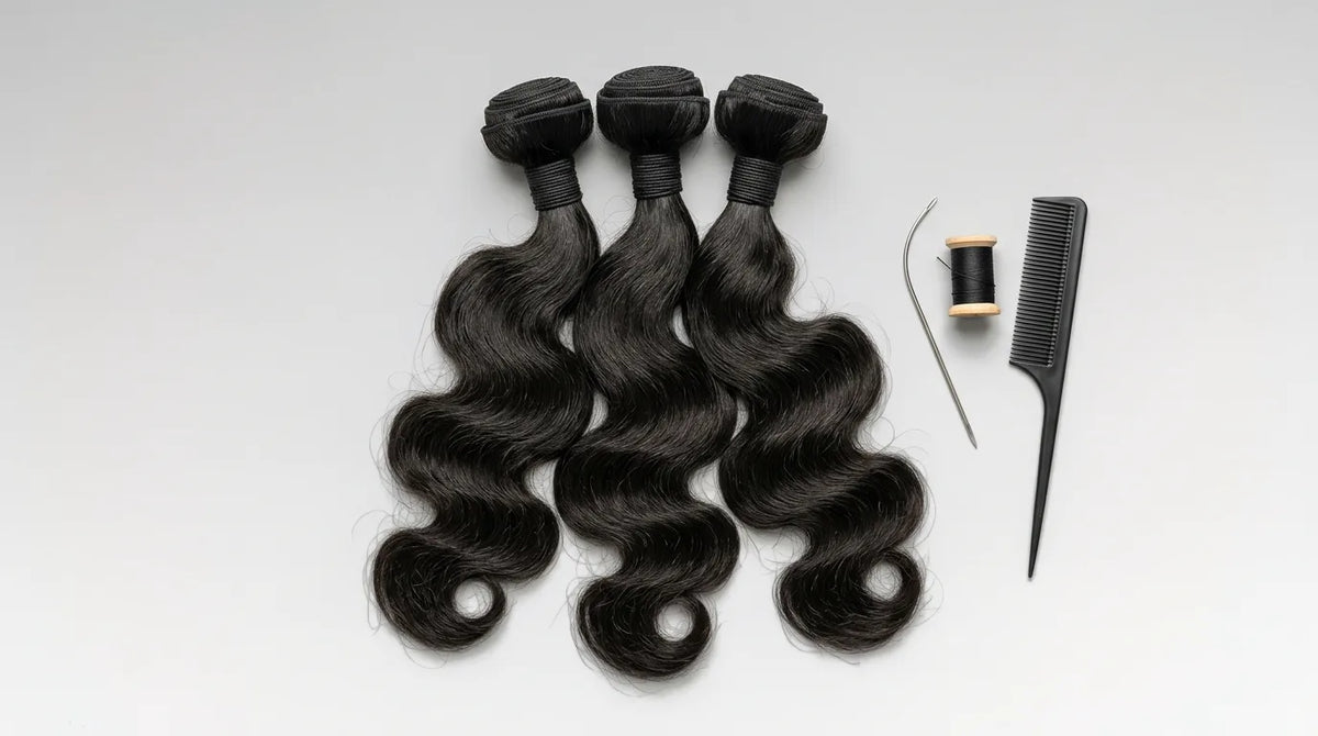 Trois paquets de tissage ondulé body wave, teinte 1B, avec une aiguille courbe, du fil noir et un peigne à queue