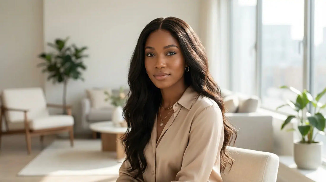 Portrait d'une femme avec une perruque lace front soyeuse et une ligne de cheveux réaliste, résultat d'un bon entretien.