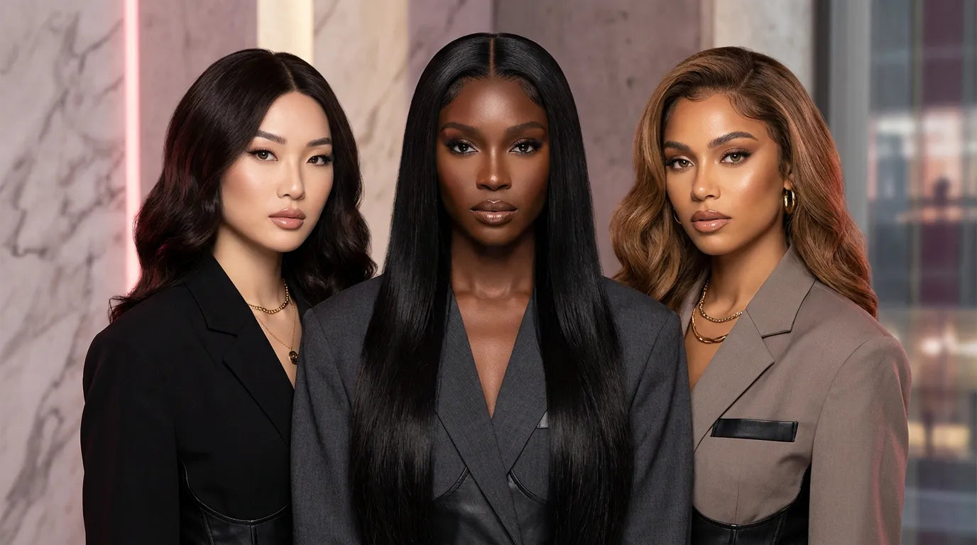 Trois modèles présentant la collection de perruques lace front : styles lisses noirs et ondulés caramel avec une ligne de cheveux naturelle indétectable.
