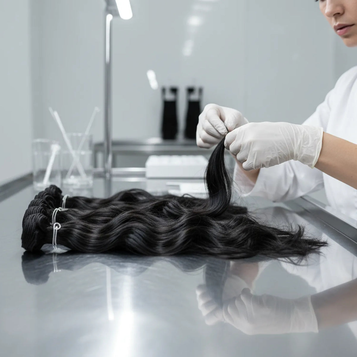 Technicienne triant des mèches de cheveux Virgin Hair 12A dans un laboratoire Carthair, inspection manuelle sur table métallique pour contrôle qualité.