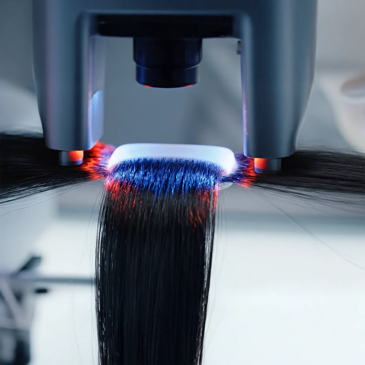 Machine d’inspection optique contrôlant la qualité des mèches Virgin Hair Carthair, tri haute précision sous lumière blanche.