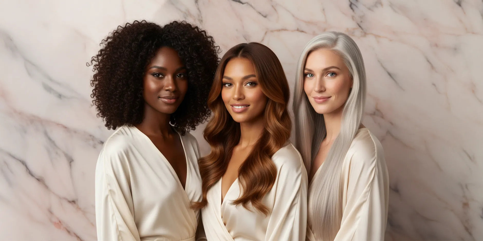 Trois femmes aux cheveux lisses, ondulés et bouclés posent sur fond marbré rose. Collection Extensions Cheveux Carthair, Virgin Hair 12A premium.