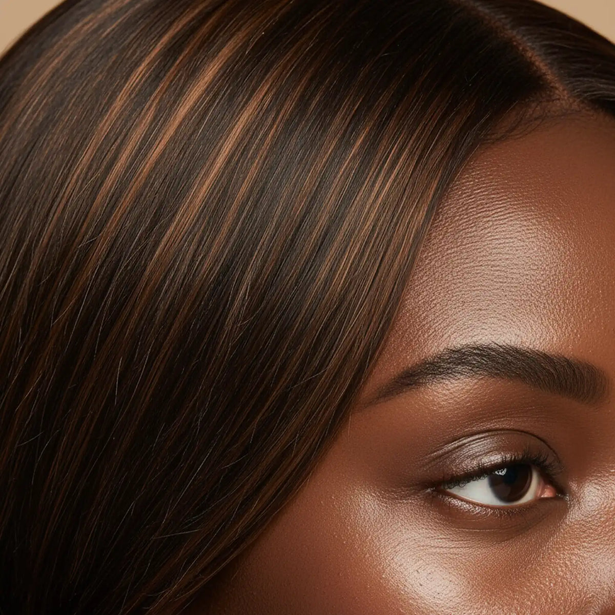 Gros plan sur la jonction invisible entre les cheveux naturels et une extension Carthair, femme noire, peau naturelle avec texture réaliste.