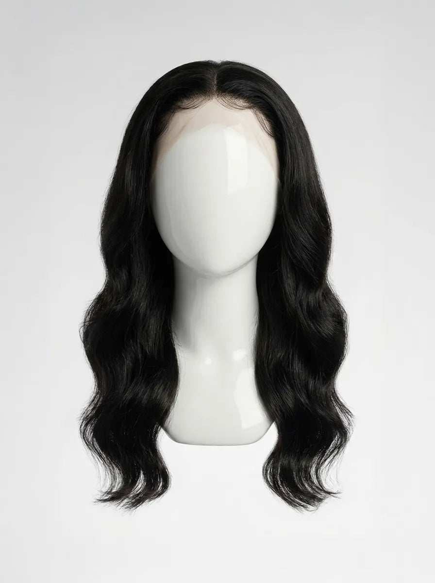 Perruque lace front body wave en cheveux humains Virgin Hair 12A avec ondulations régulières et lace front naturelle