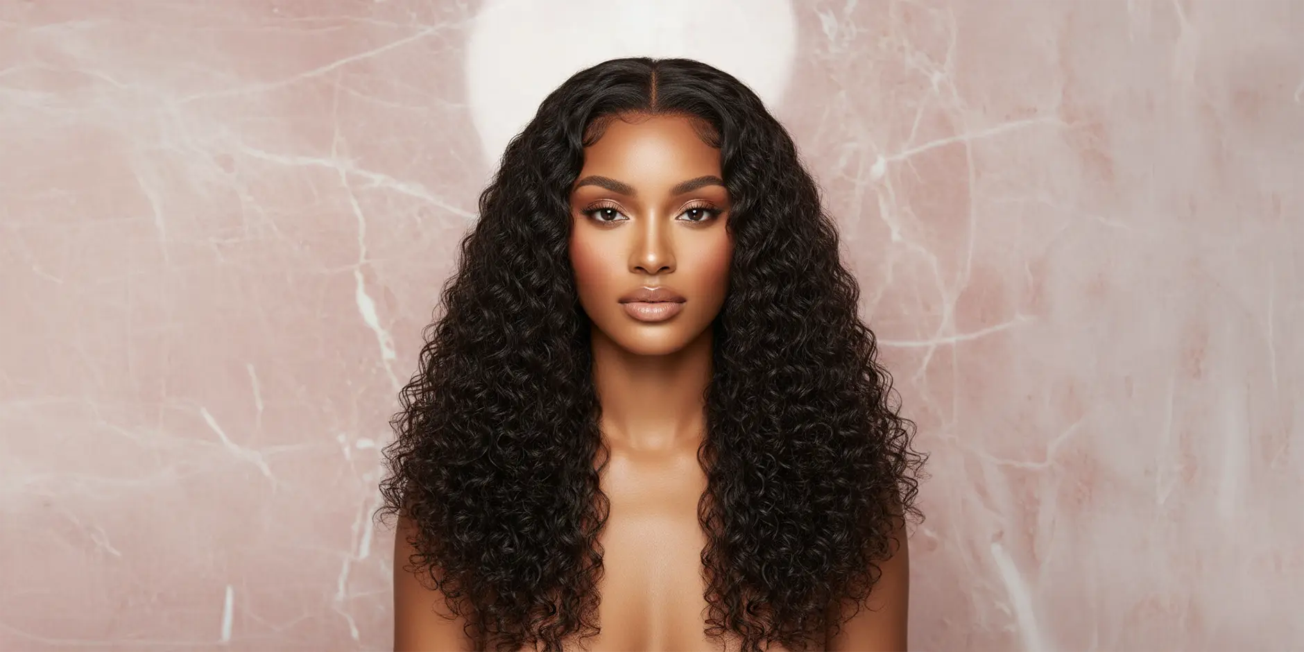 Femme élégante portant un tissage bouclé Virgin Hair 12A, boucles définies et naturelles, devant un fond marbré rose. Collection Tissage Bouclé Carthair, brillance parfaite.