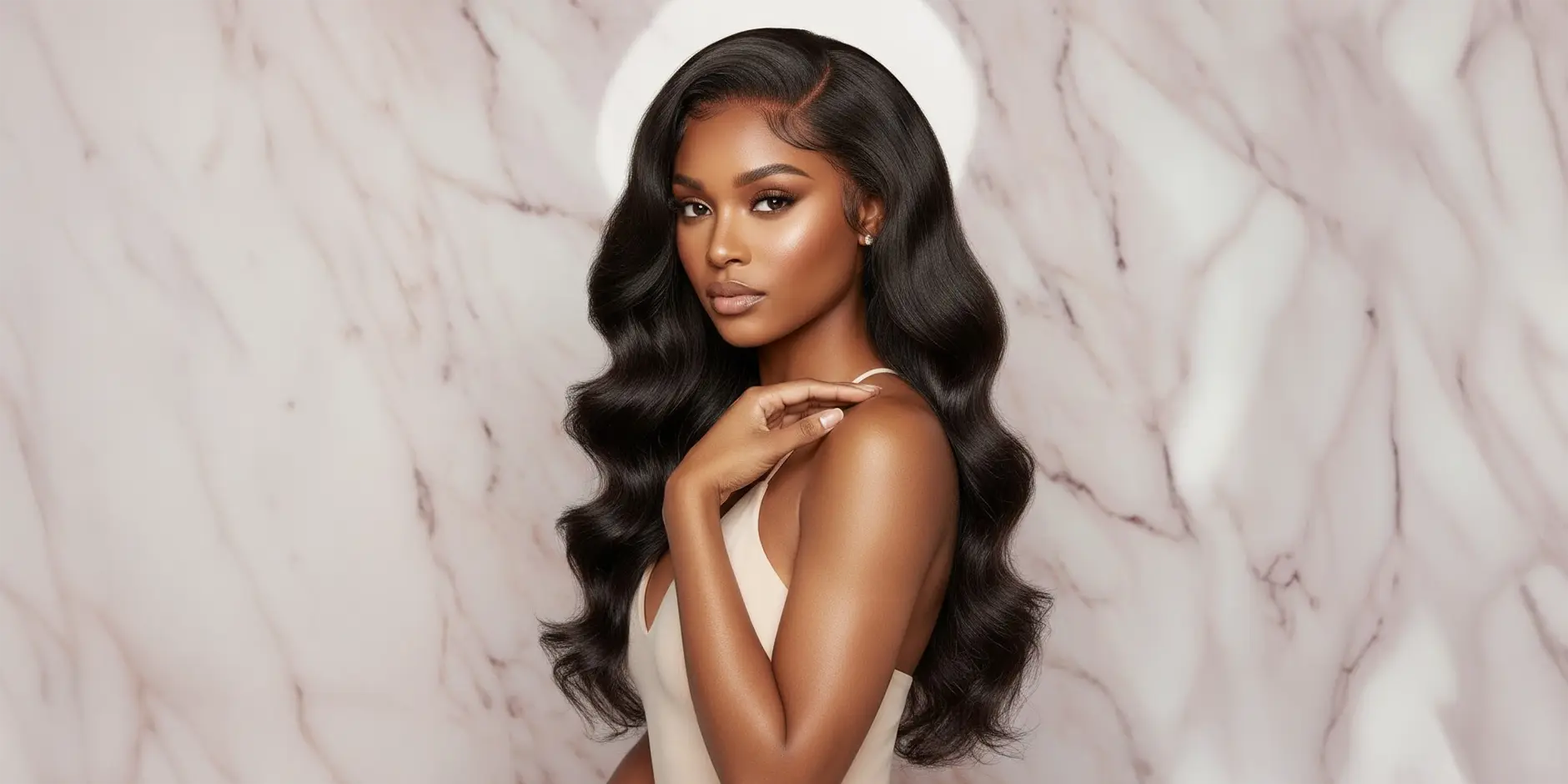 Femme élégante portant un tissage ondulé Virgin Hair 12A, cheveux bruns longs et brillants devant un fond marbré rose. Collection Tissage Ondulé Carthair, rendu naturel.