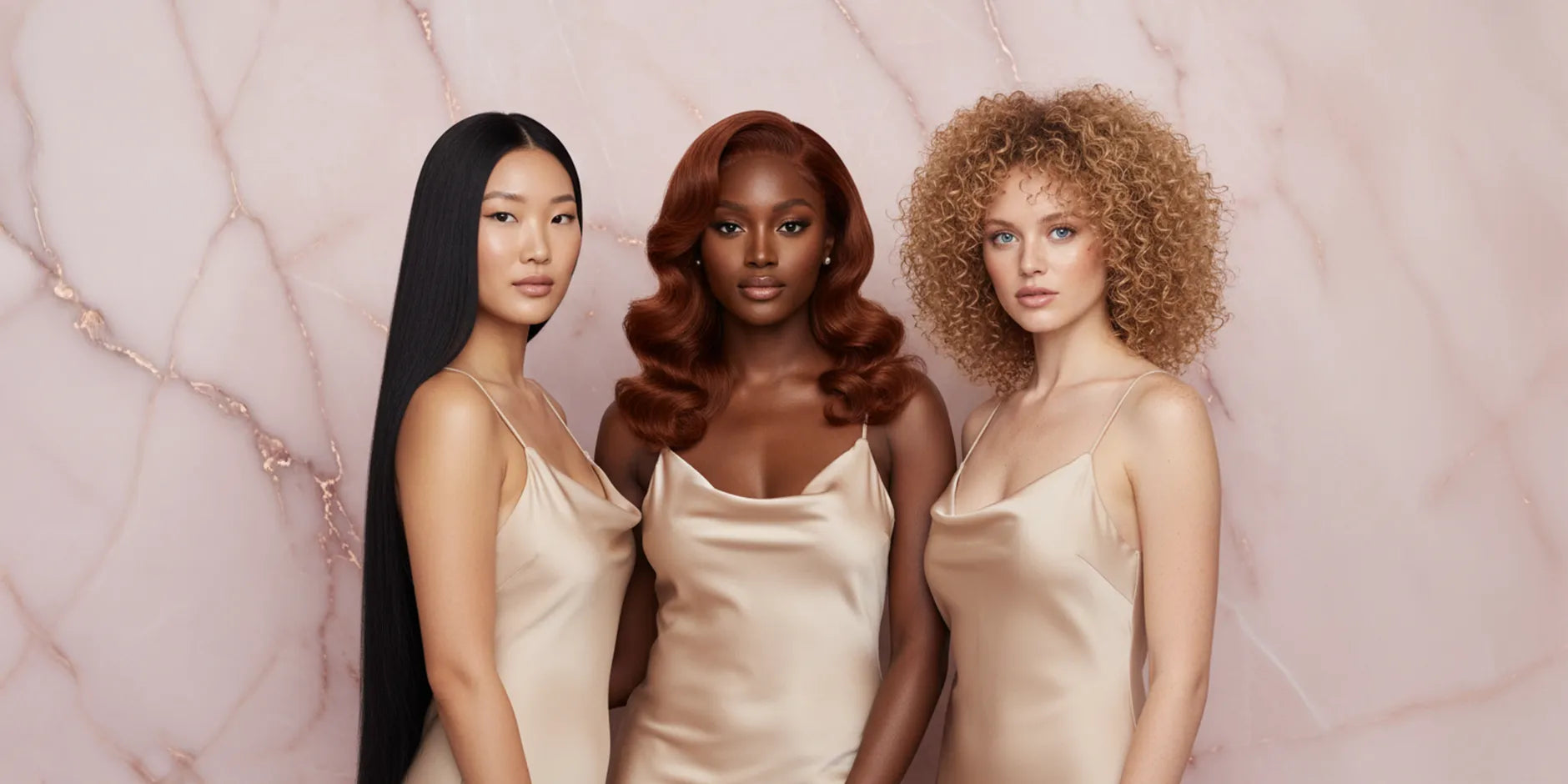 Trois femmes de beauté variée portant des tissages bouclés, wavy et lisses devant un fond marbré rose. Tissage cheveux vierge Carthair, brillance naturelle.