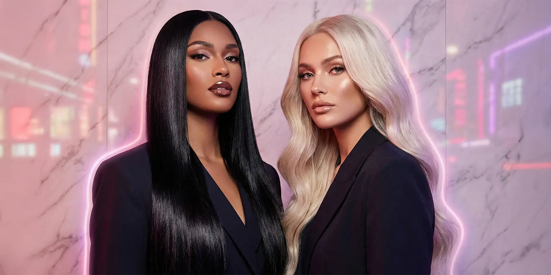 Deux modèles, une femme noire cheveux lisses et une femme blonde cheveux wavy, portant des perruques Virgin Hair Carthair, devant un fond marbre rose avec effet néon.