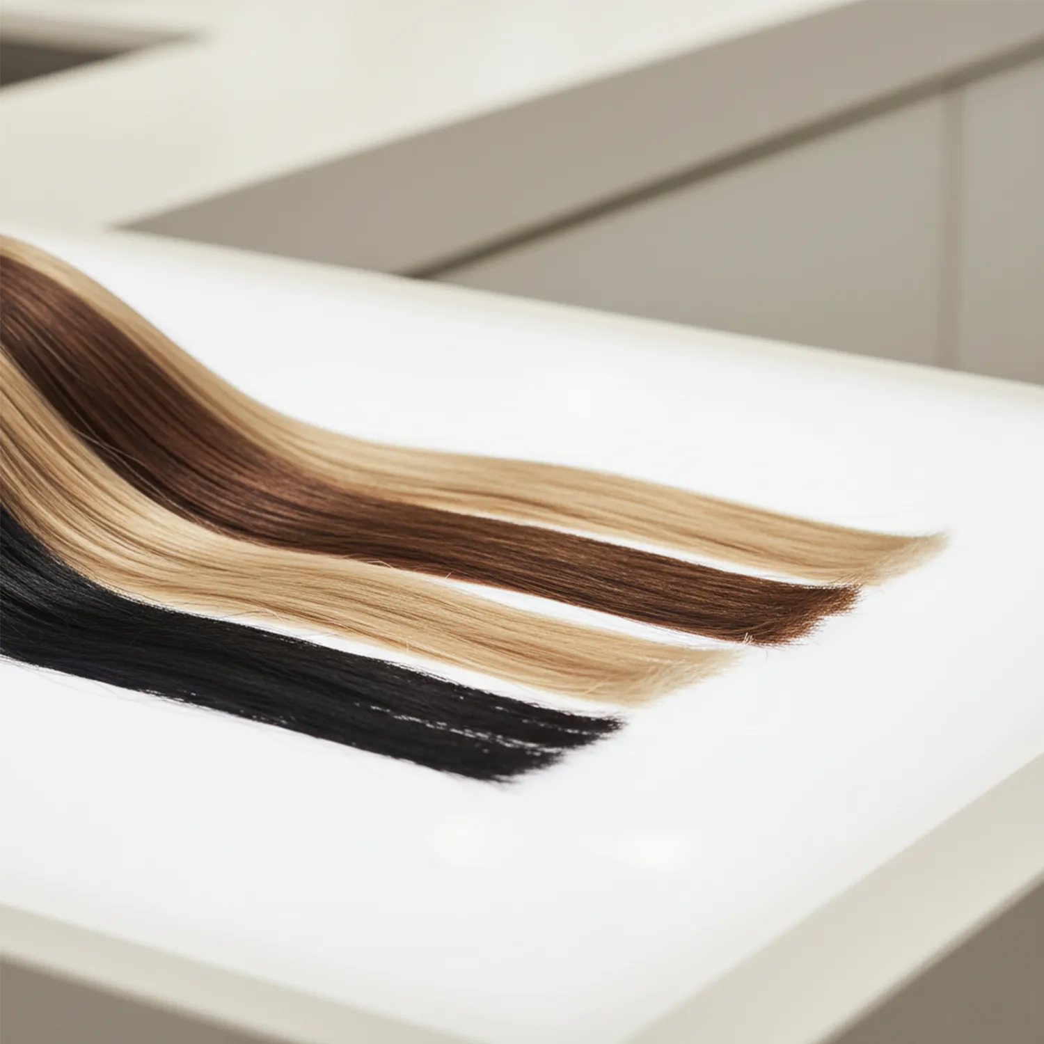 Mèches de cheveux Carthair de différentes teintes disposées sur une table blanche de laboratoire. Lumière neutre, ambiance minimaliste et pure illustrant la sélection manuelle et la qualité haut de gamme des cheveux Virgin Hair 12A.