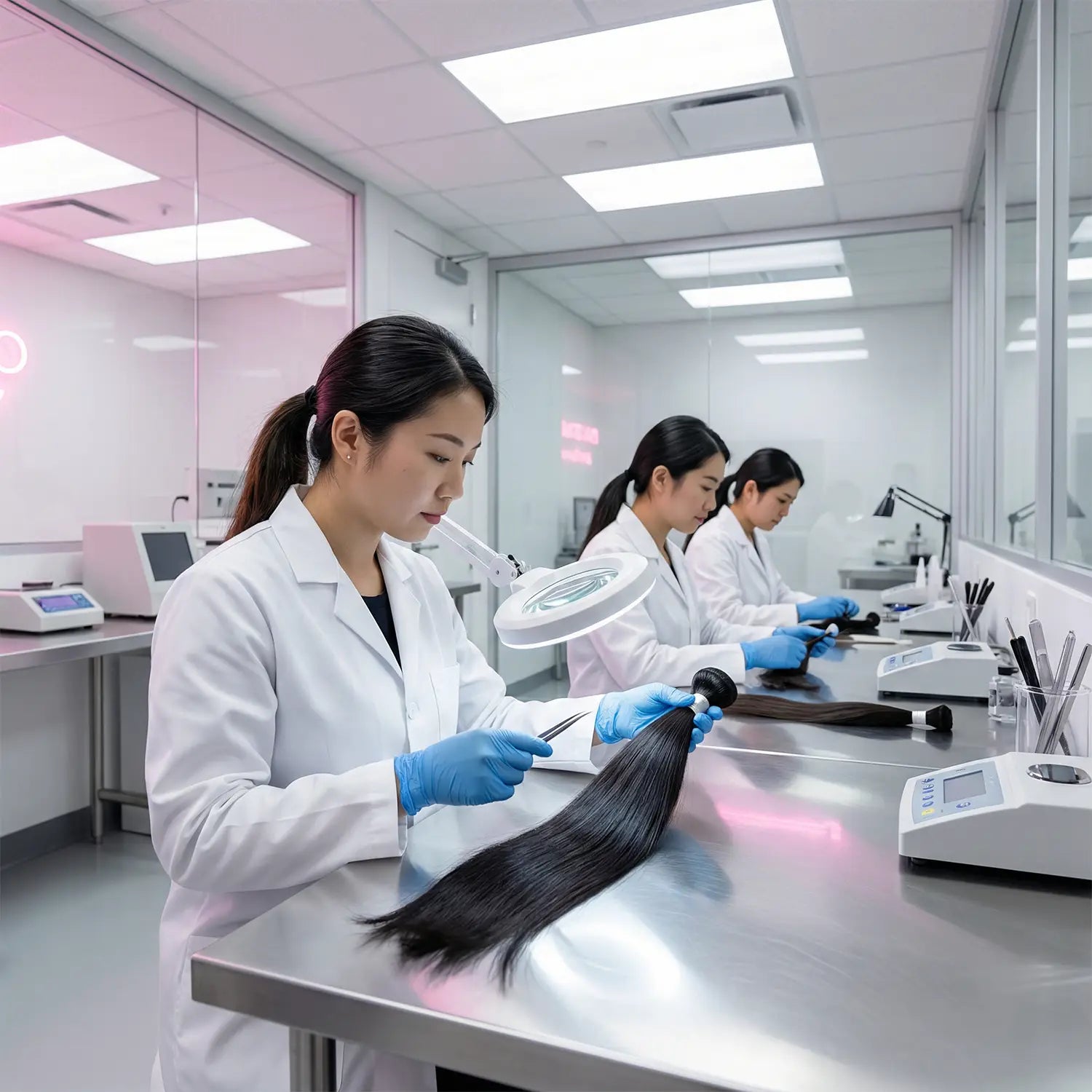 Techniciennes en laboratoire contrôlant la qualité du tissage et des extensions cheveux Virgin Hair 12A, vérifiant les mèches utilisées pour perruques haut de gamme.
