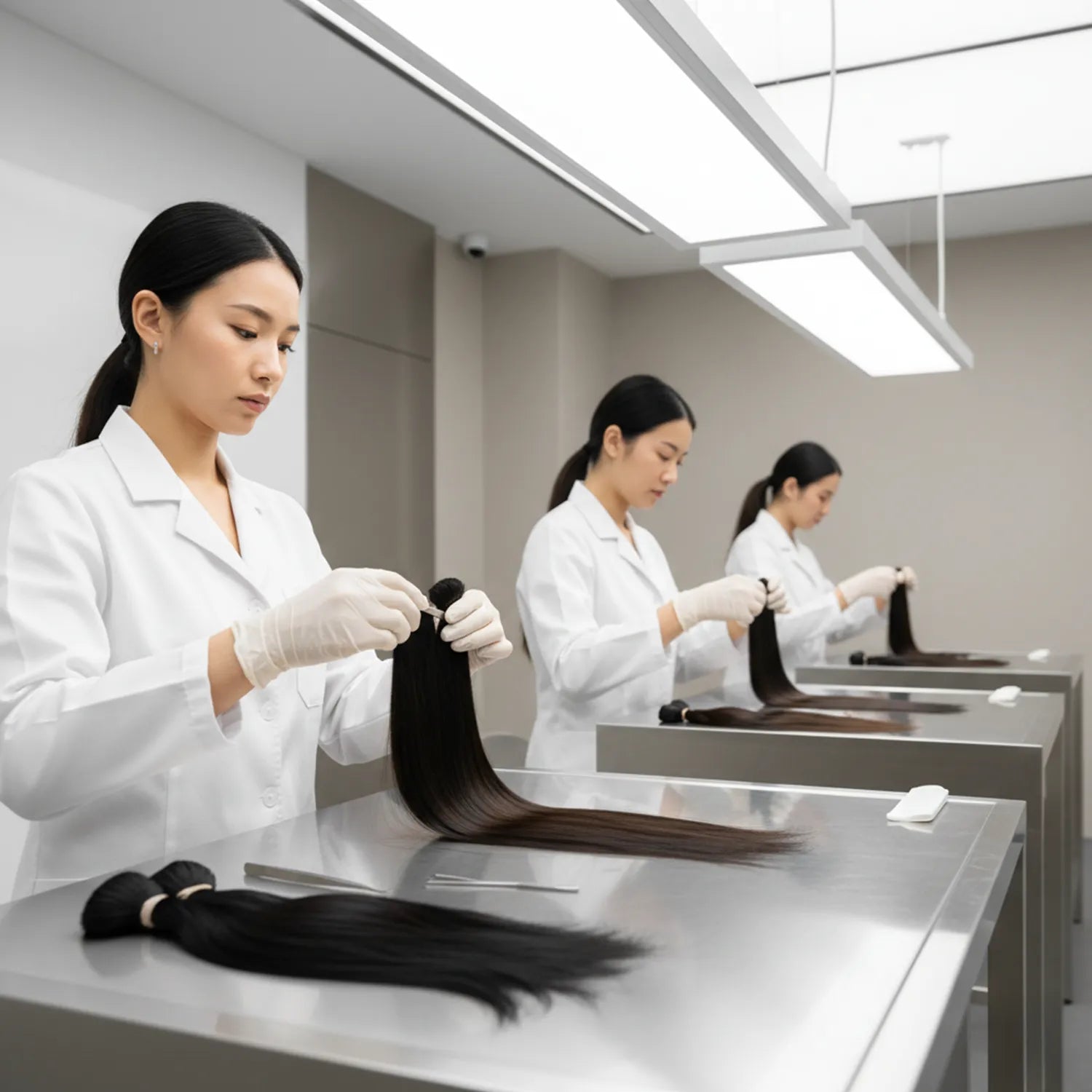 Techniciennes capillaires triant manuellement des mèches de cheveux vierges dans un laboratoire Carthair. Lumière blanche, gants stériles et ambiance minimaliste illustrant la précision et la rigueur du contrôle qualité.