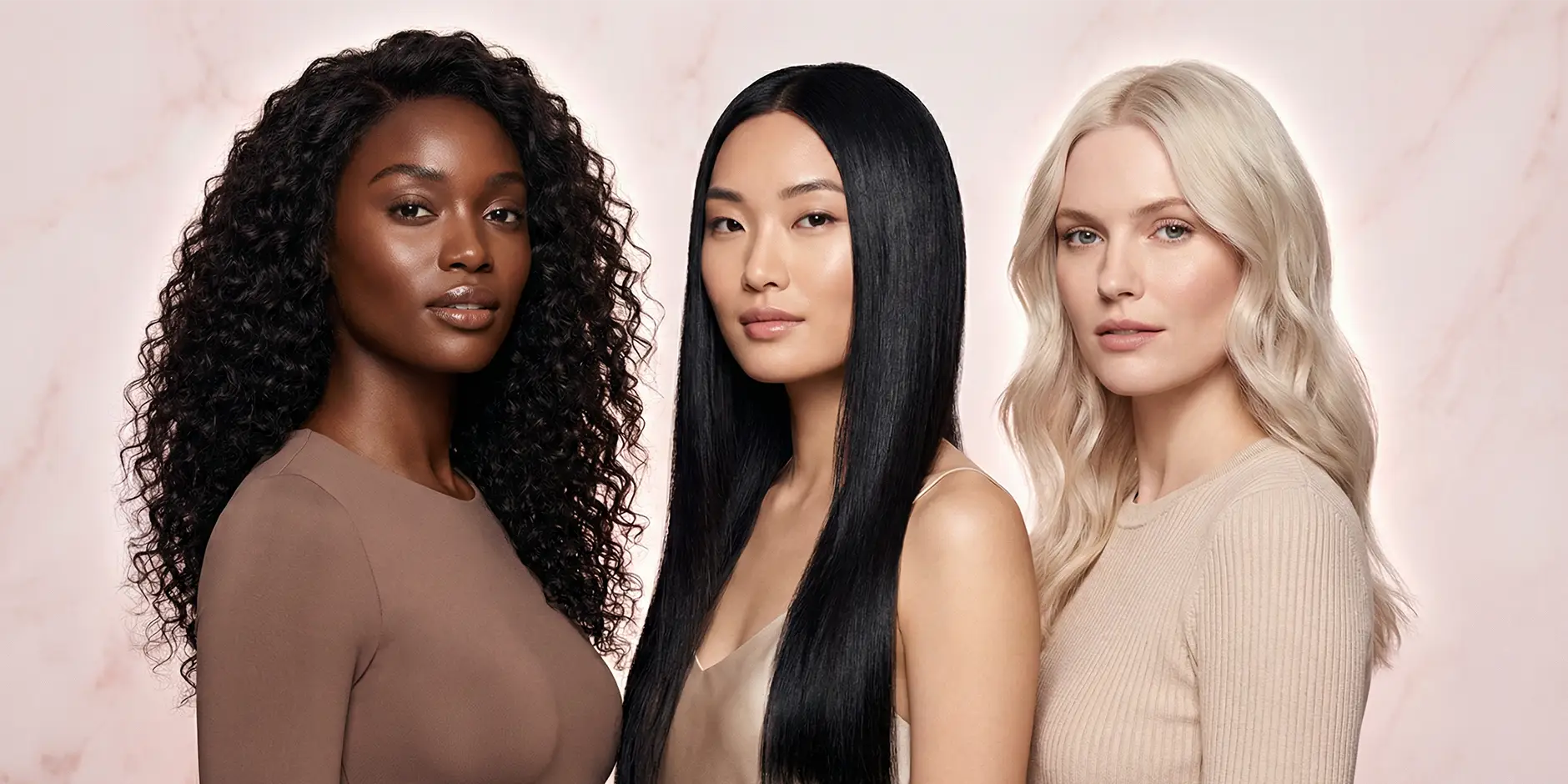 Trois modèles – cheveux curly longs, cheveux lisses asiatiques et cheveux ondulés blonds – portant des perruques et extensions Carthair devant un fond marbre rose, illustrant la diversité des textures et les conseils capillaires du blog.