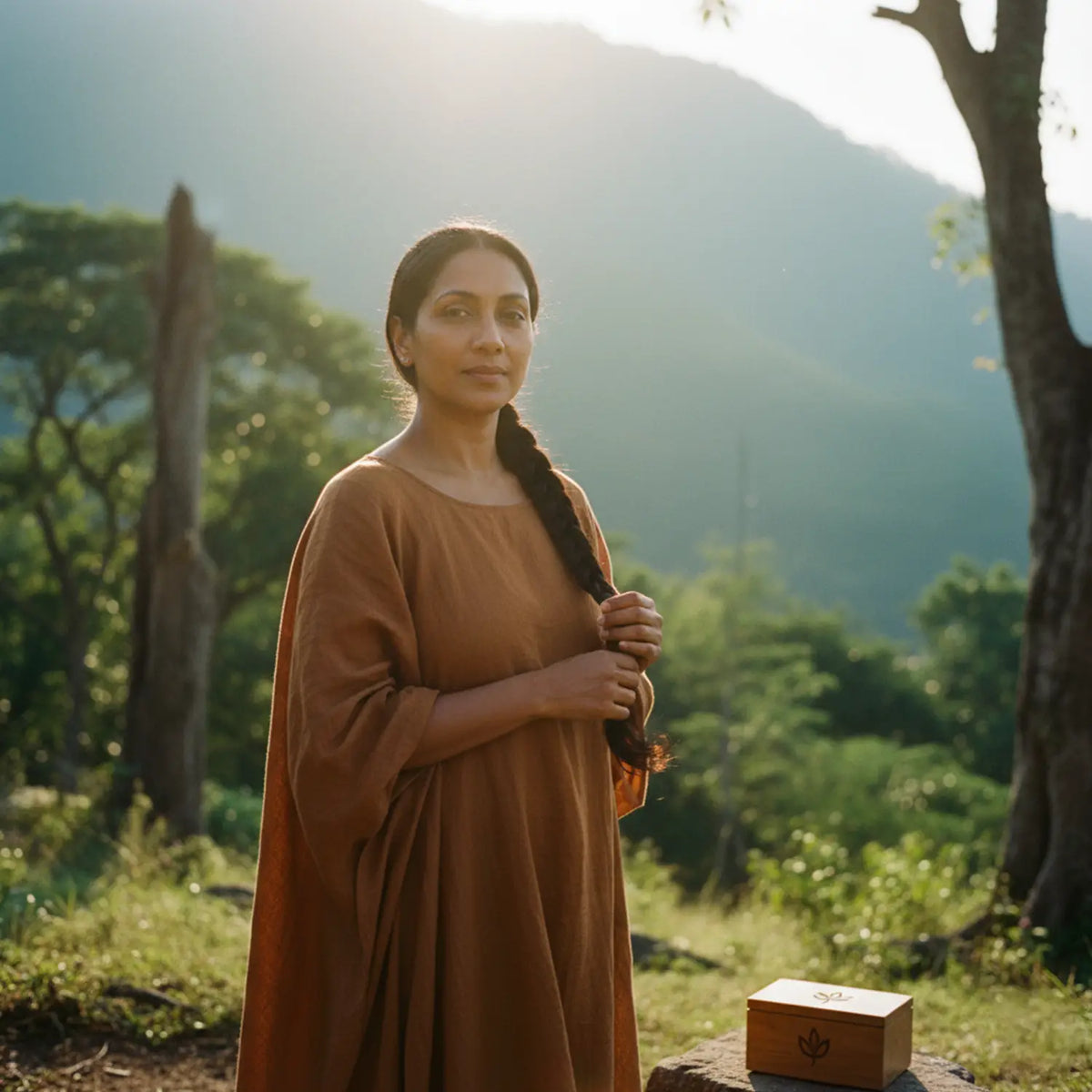 Portrait d’une donneuse de cheveux dans un paysage naturel, lumière chaude du matin, symbole de respect et de transparence.