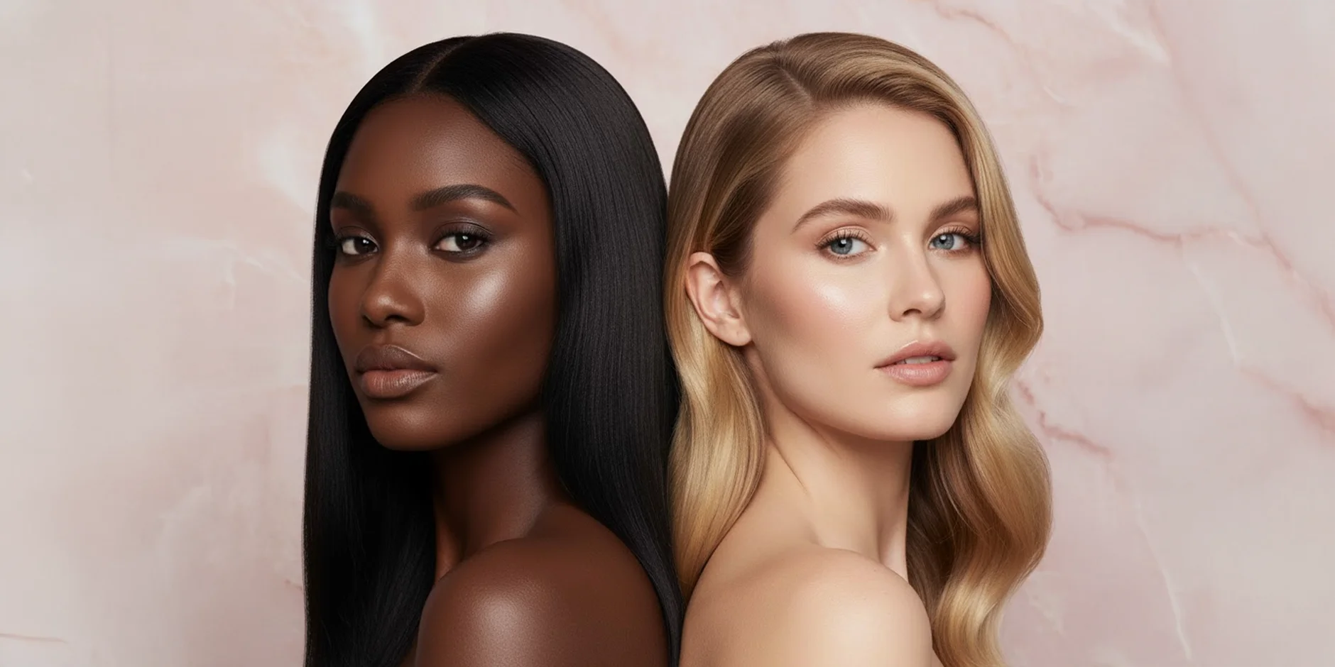 Deux femmes dos à dos, une femme noire aux cheveux lisses (kinky straight) noirs et une femme blanche aux cheveux blonds wavy, illustrant la collection d’extensions adhésives (Tape-In) en Top Virgin Hair 12A Carthair. Texture soyeuse, rendu naturel et luxueux.