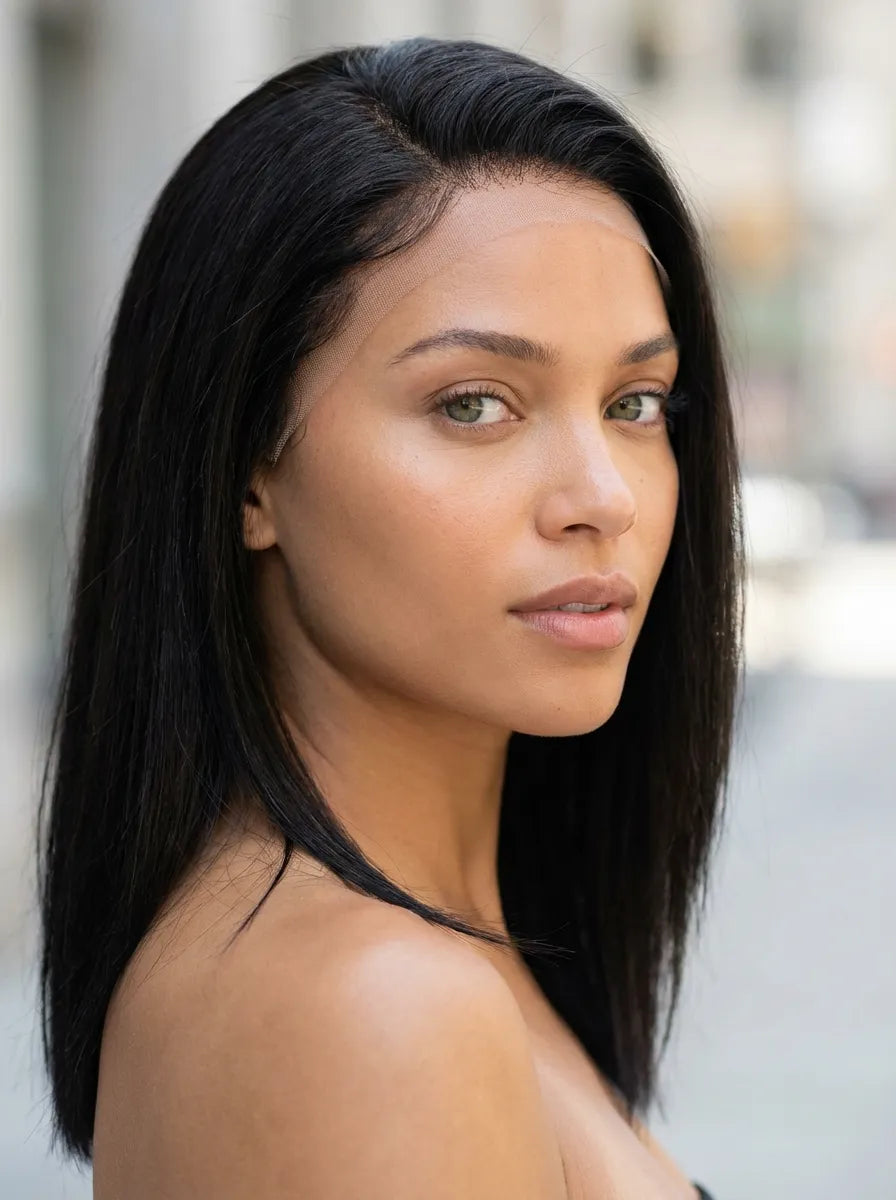 Perruque lace front lisse portée en extérieur avec cheveux humains lisses et rendu haut de gamme