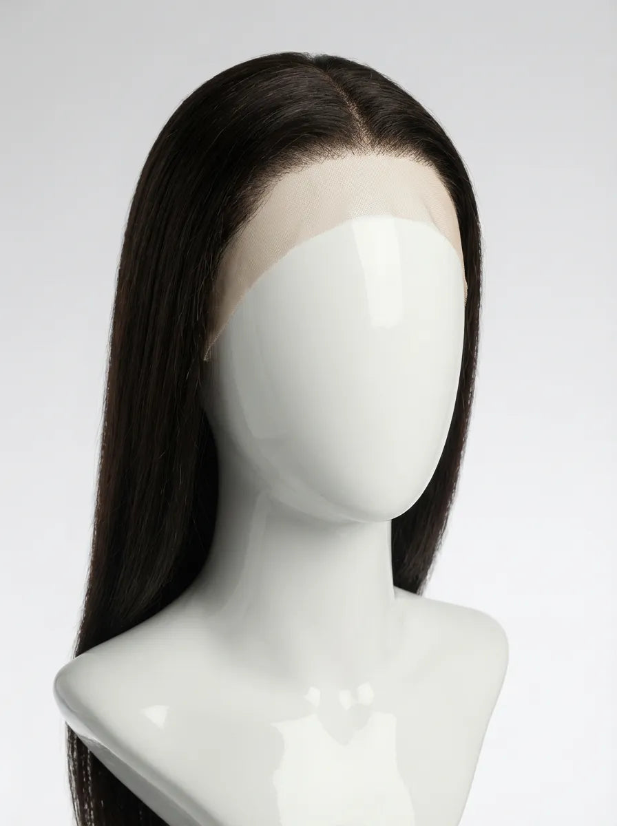 Lace front straight wig avec HD lace transparente et raie centrale naturelle sur perruque lisse premium