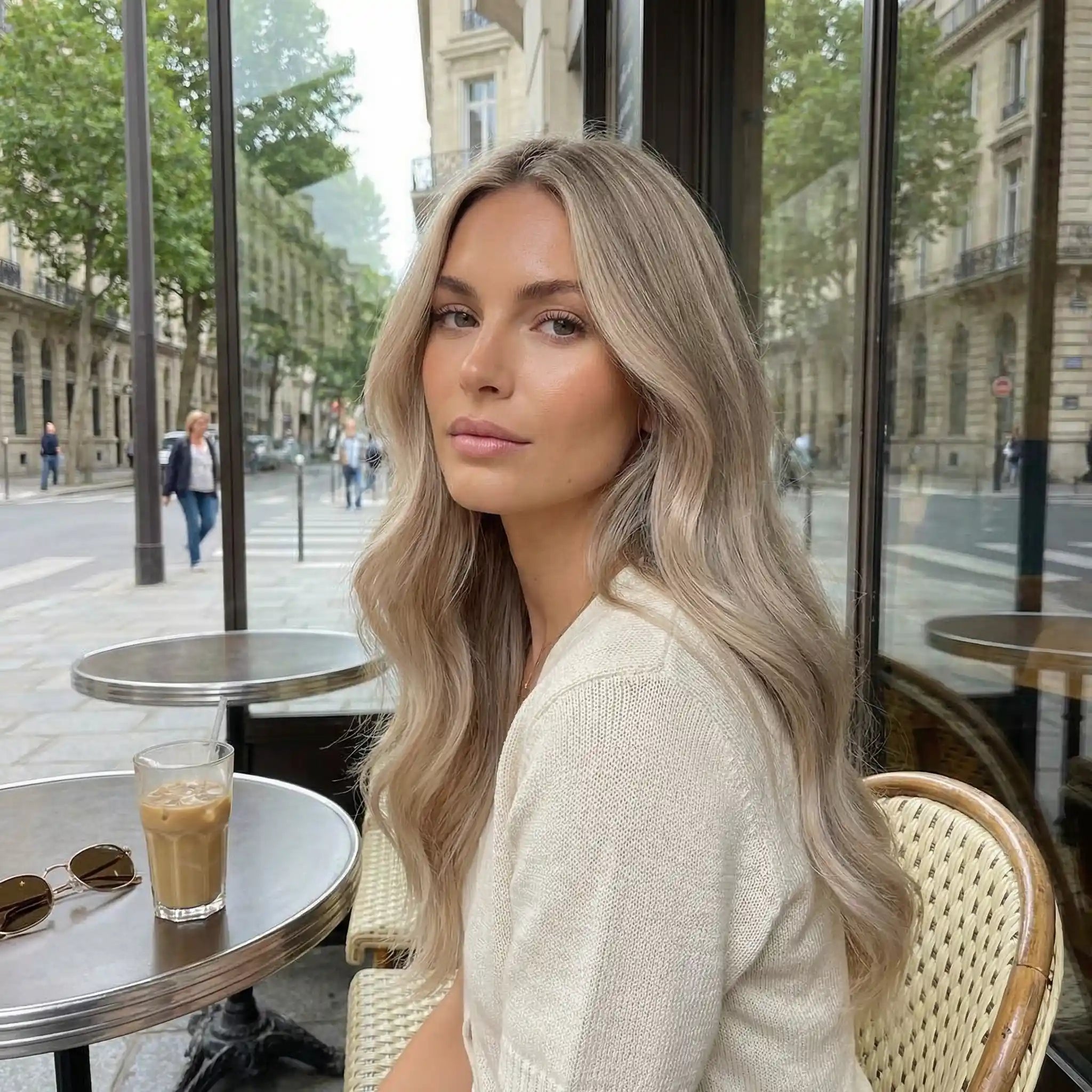 Femme blonde portant une perruque longue ondulée couleur blond naturel avec densité sur mesure et finition brillante.