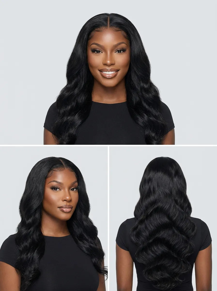 Détail de la perruque lace front Body Wave avec ondulations naturelles, finition lisse et effet cuir chevelu réaliste
