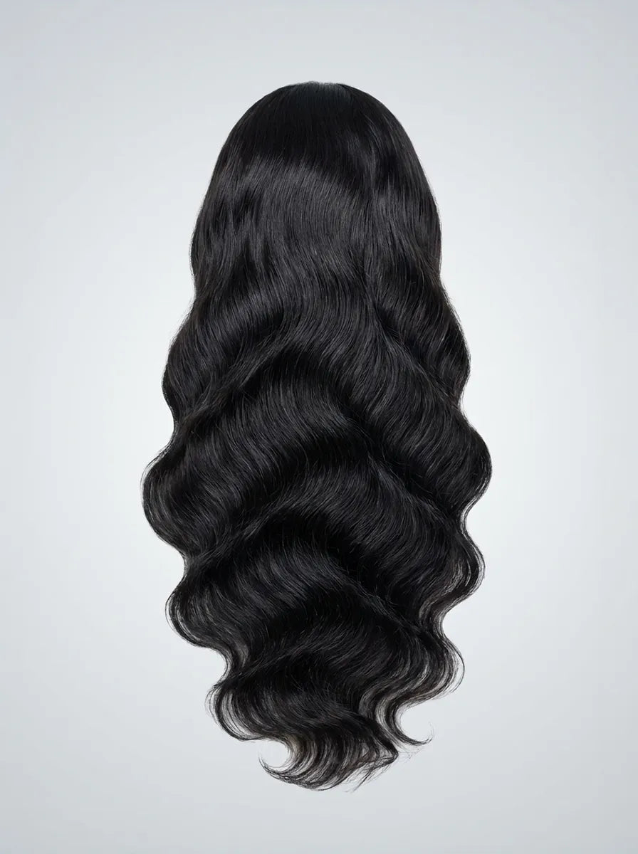 Vue arrière de la perruque lace front body wave montrant les longueurs et ondulations naturelles en cheveux humains