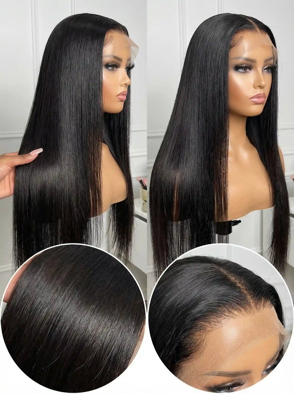 perruque lace front cheveux lisses noirs HD lace effet cuir chevelu naturel brillance soyeuse