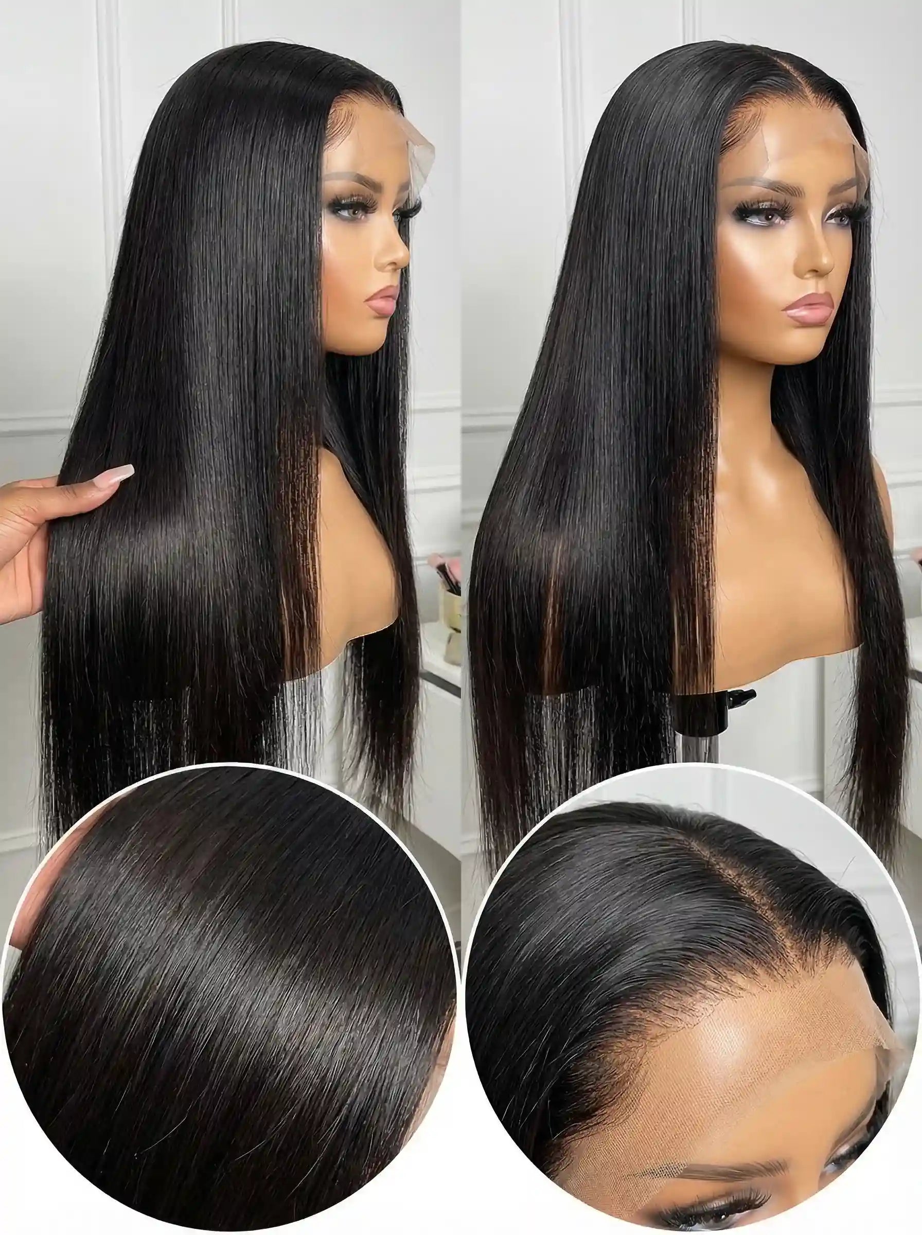 perruque lace front cheveux lisses noirs HD lace effet cuir chevelu naturel brillance soyeuse