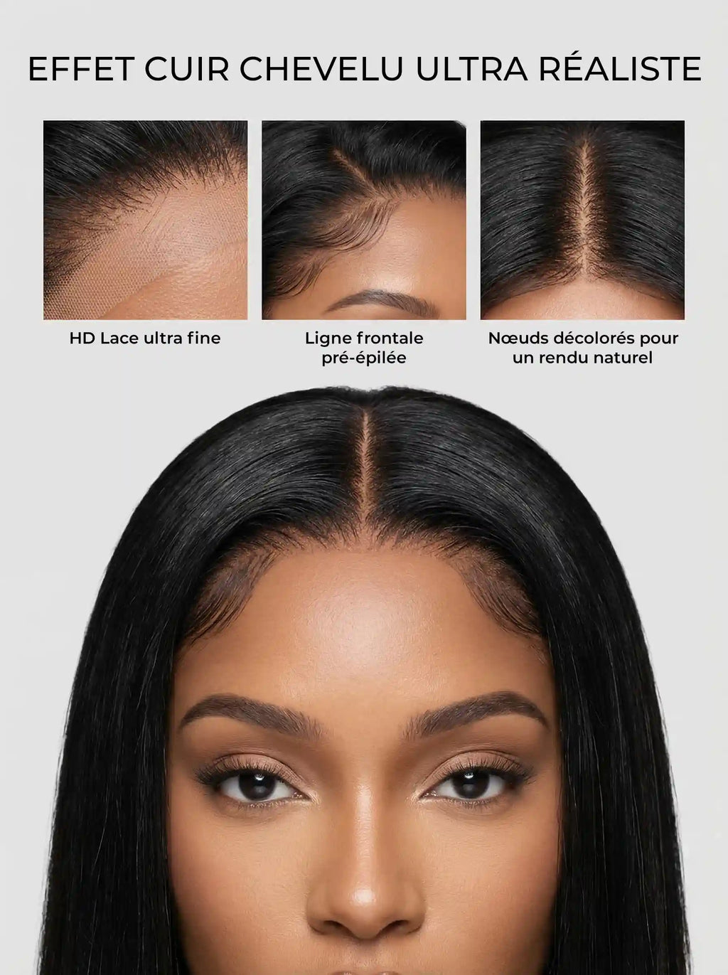 perruque HD lace effet cuir chevelu réaliste ligne frontale naturelle nœuds décolorés invisibles