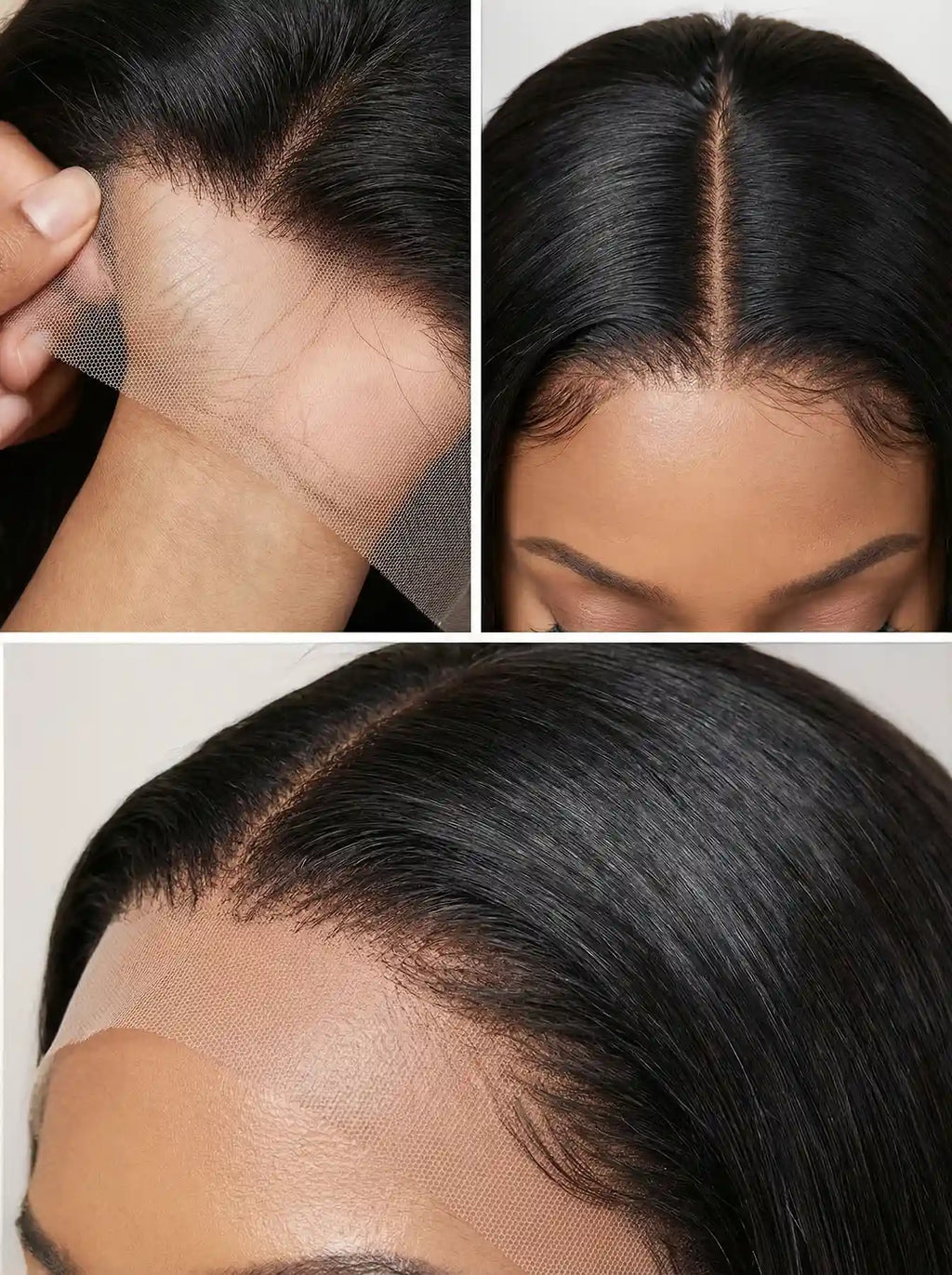perruque lace front HD lace raie milieu naturelle cheveux lisses noirs implantation réaliste