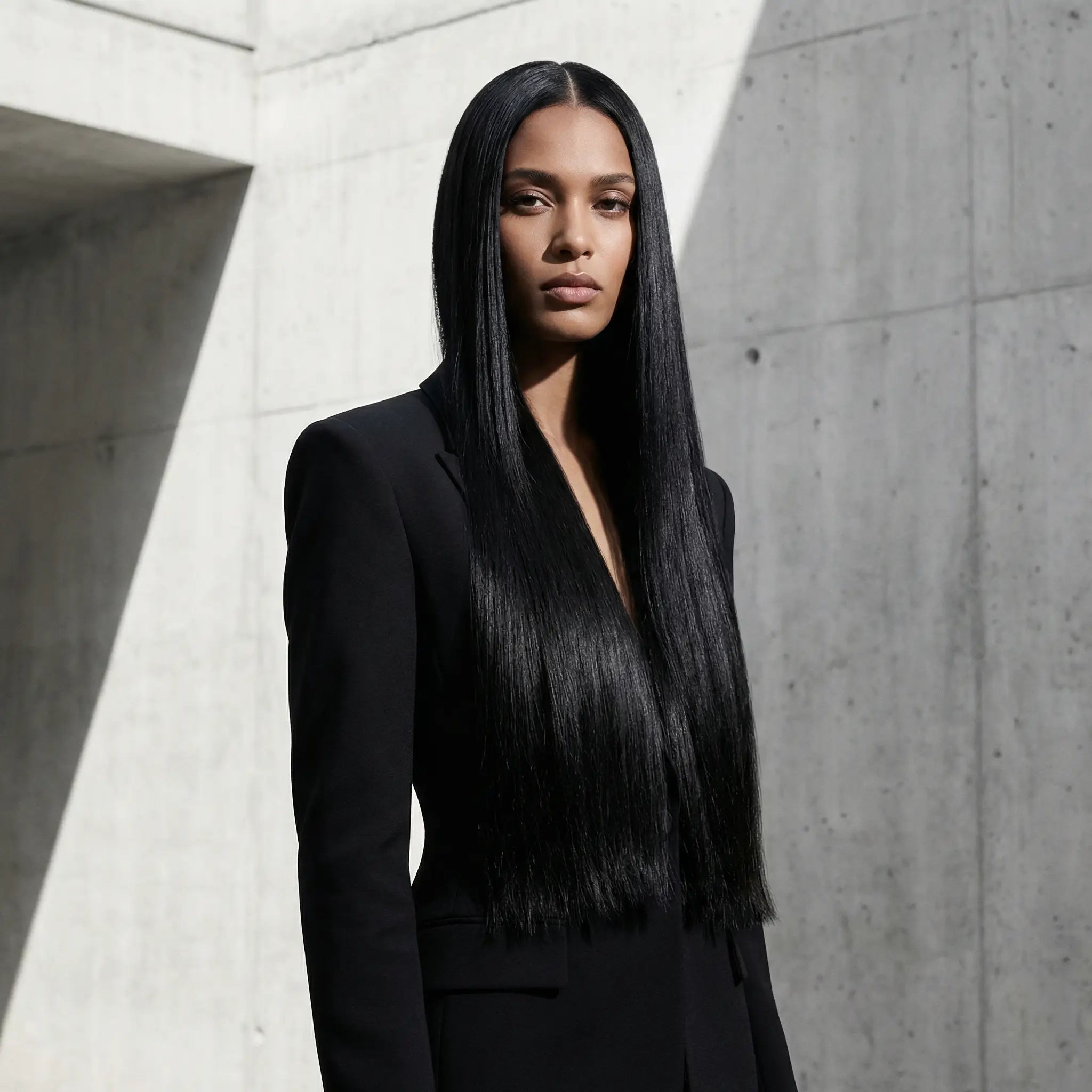 Femme portant une perruque Raw Hair noir lisse haute densité avec tombé structuré – Carthair